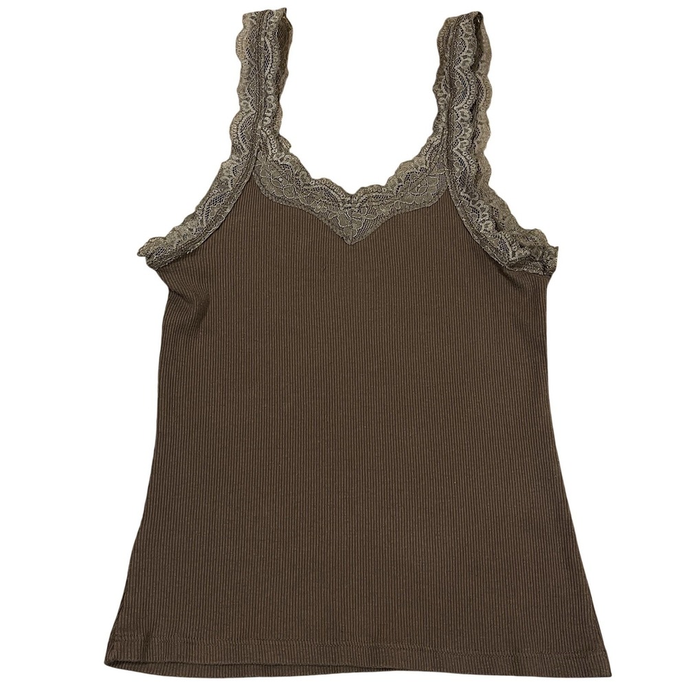 Y2K SO Babydoll Tank Top Brown Lace Trim Ribbed Elena Gilbert VTG Women's Sz XS